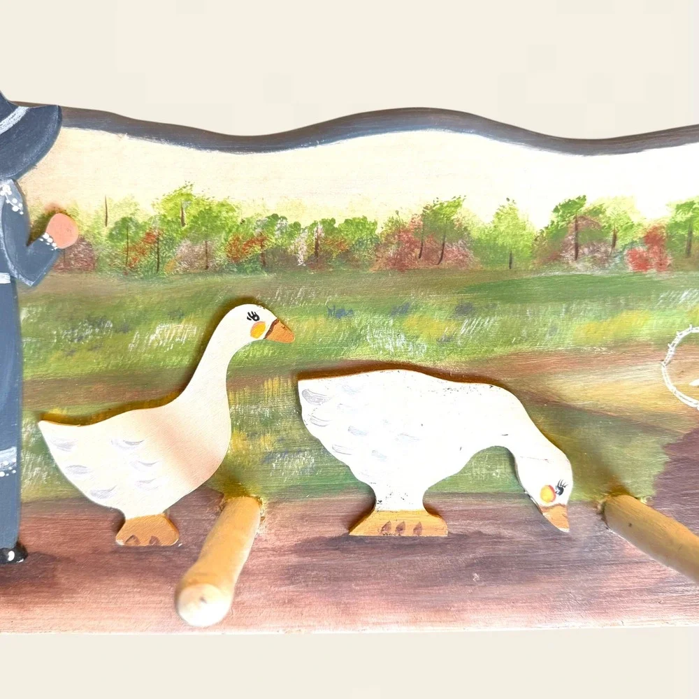 Vintage Hand Painted Wood Wall Peg Rack Farmhouse Goose Country Cottagecore